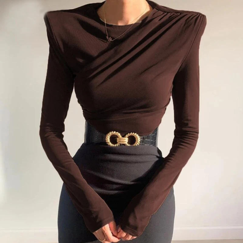 

2023 Autumn New Women's Clothing New Casual Solid Color Pleated Long-sleeved Sexy Blouse Shoulder Pad Round Neck T-shirt Women