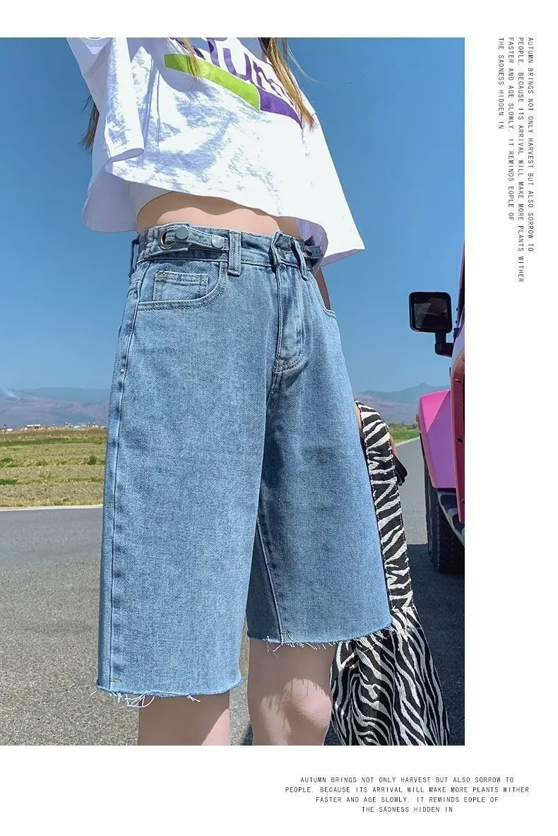 

Denim Shorts Girl's High Waist Loose Five-point Pants Summer Straight Hong Kong-Flavored Wide-Leg Thin Section Tide ins Japanese