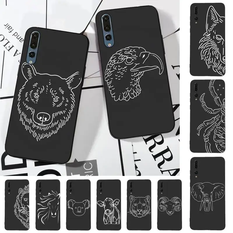 

Black Line Animals Phone Case For Huawei P 8 9 10 20 30 40 50 Pro Lite Psmart Honor 10 lite 70 Mate 20lite