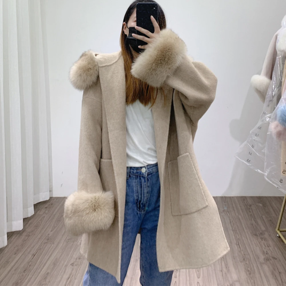 

2023 New Real Fur Coat Winter Jacket Women Natural Fox Fur Collar Hooded Outerwear Oversize Loose Cashmere Wool Blends Overcoat