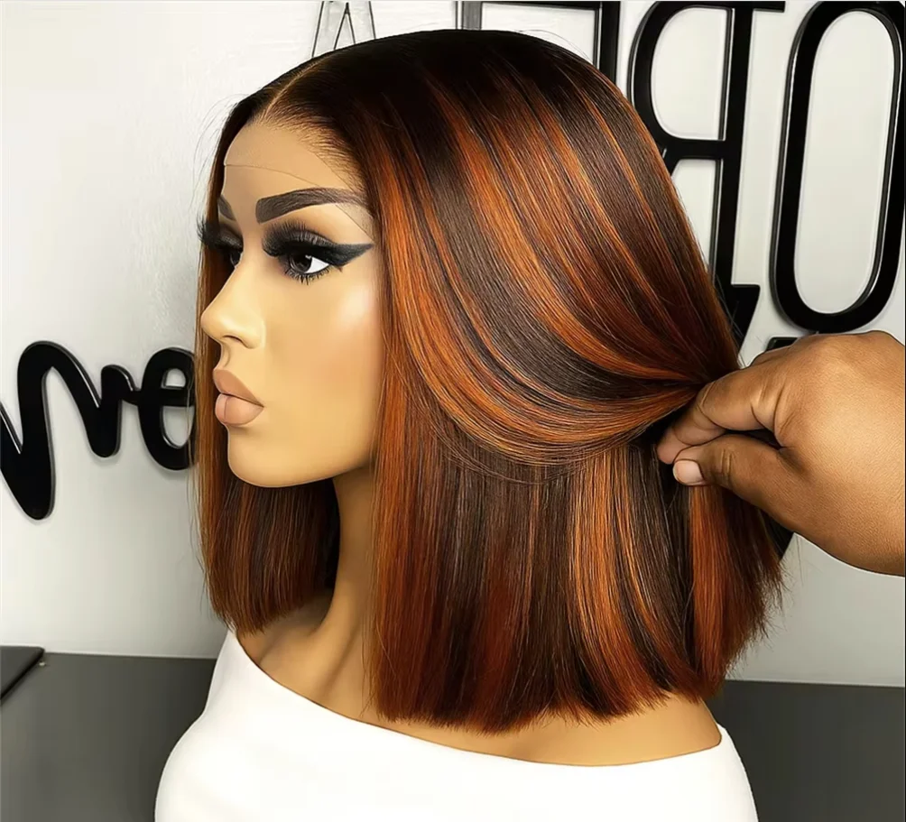 Фото Прямой # Парик из натуральных волос 4/350 Bob Human Hair Wigs Omber Ginger Brown Highlight, 13x4 Lace Frontal, Remy, предварительно прорезанный, для женщин №1