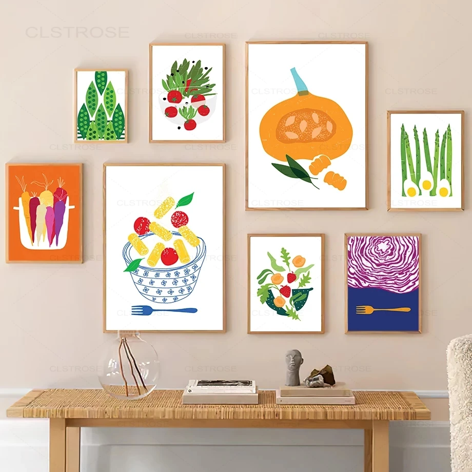 Cartoon Vagetable Kitchen Decor Poster Color Carrot Pumpkin Asparagus Peach Tomato Wall Art Canvas Painting Nordic Pictures |