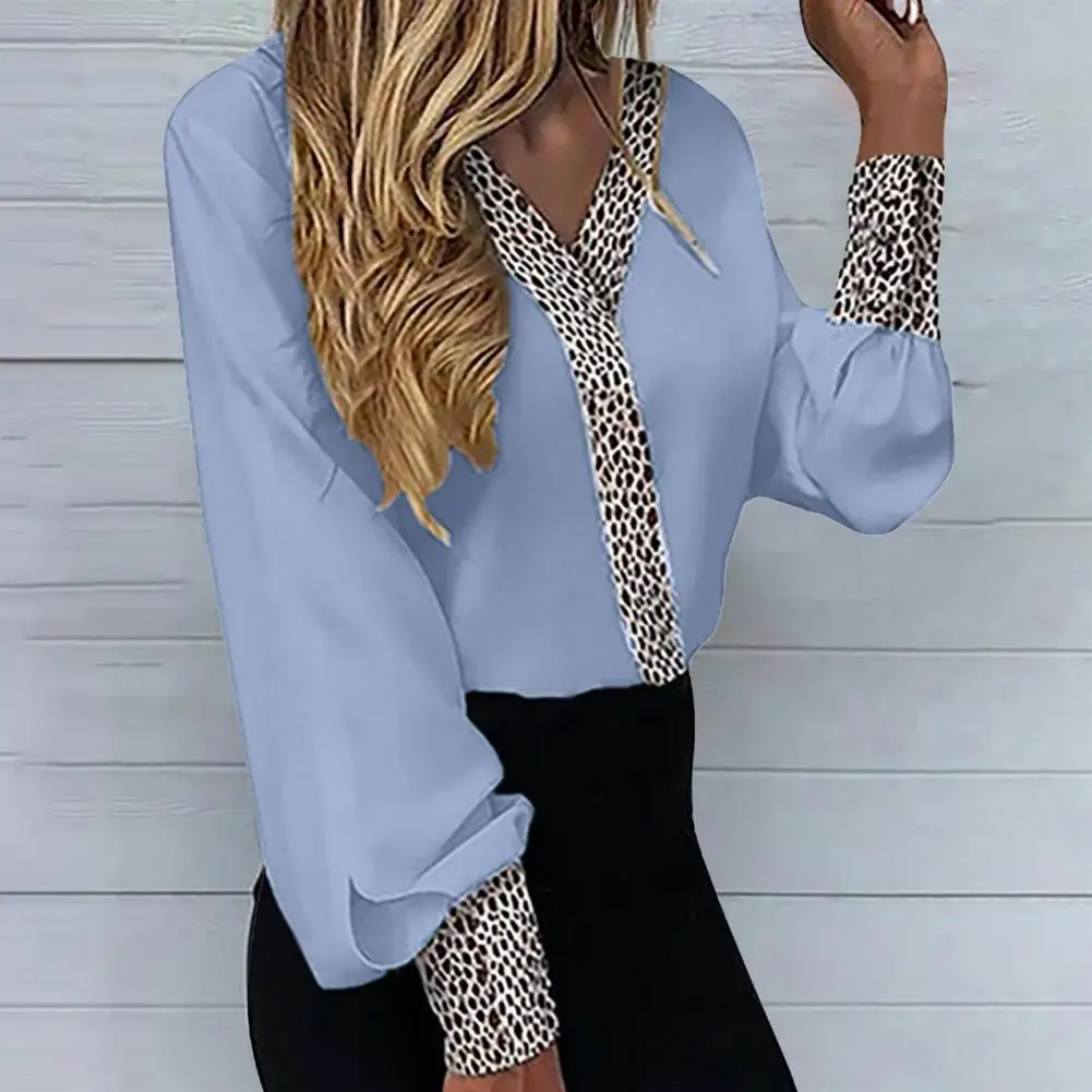 

Office Shirt Buttons Cuffs Casual Shirt Leopard Print Patchwork Office Shirt