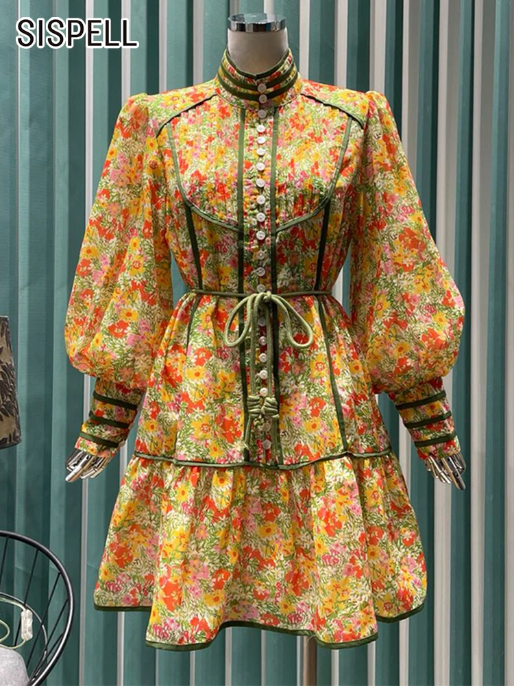 

SISPELL Vintage Print Colorblock Dress For Women Stand Collar Long Sleeve High Waist Mini Dresses Female Summer Clothing Fashion