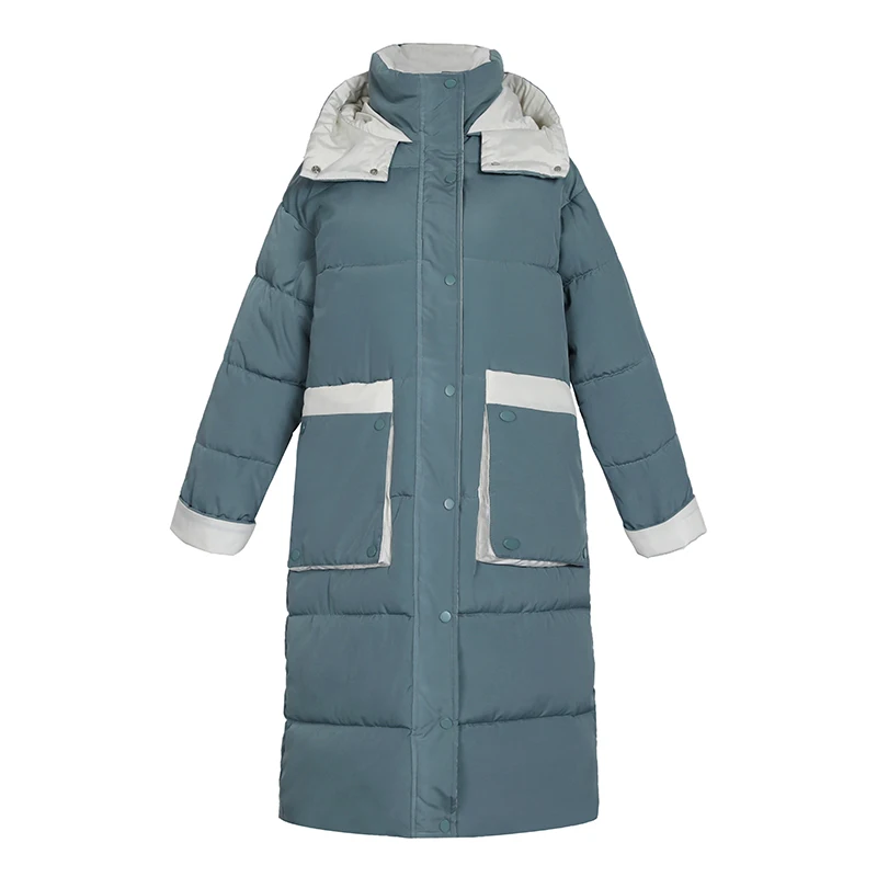 Patchwork Long Puffer Jacket with Hood for Women Winter Fashion Trends Clothing Office Ladies Bubble Coat Casual Warm Streetwear