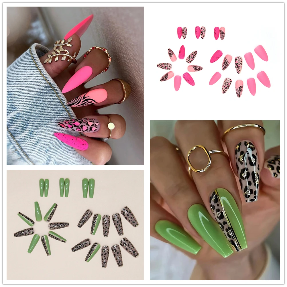 

Medium Ballet Olive Green Leopard Pattern& Pink Spicy Girl Full Cover Press on Nails Manicure Art Tips