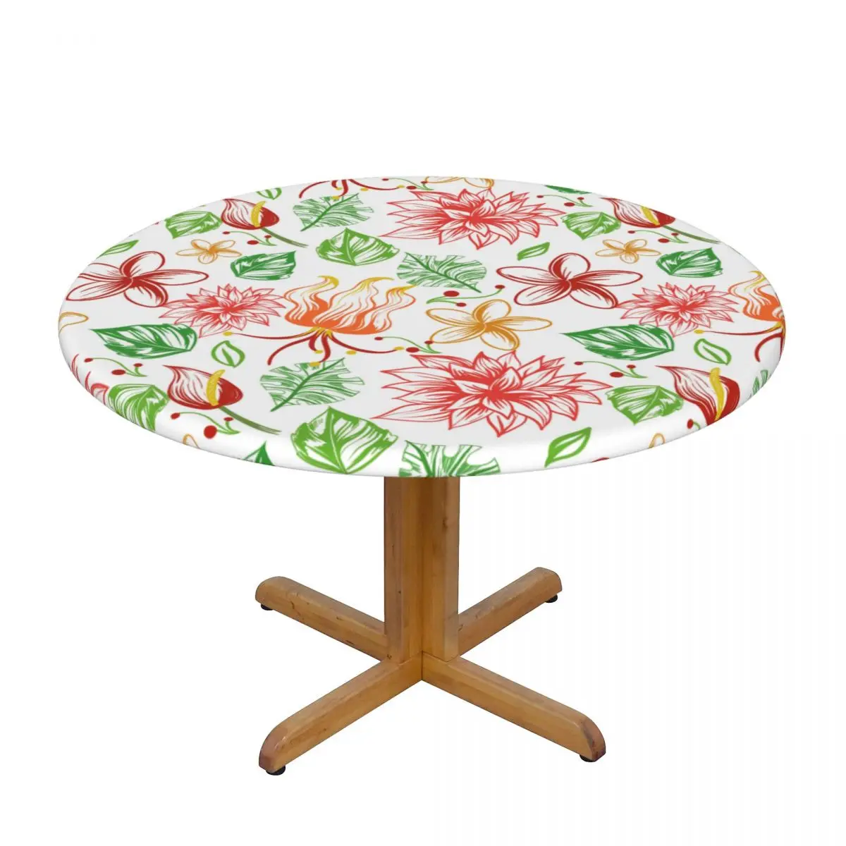 

Fitted Round Tablecloth Protector Soft Table Cover Painted Tropical Flowers Anti-Scald Plate Kitchen Tablemat