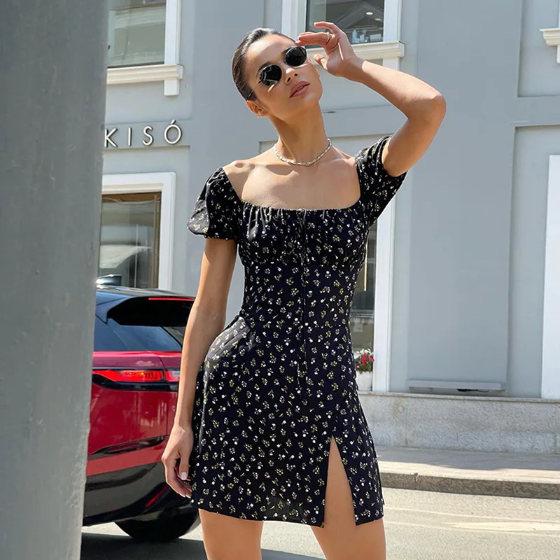 

One-shoulder Short-sleeved Printing Sexy Open Floral Dress Summer Street Fashion Casual Sexy Short Dress Women Party Mini Dress