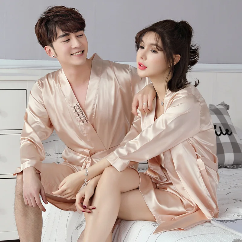 Summer One-Piece Couple's Medium Length Cardigan Nightdress Clothes New Silk Simplicity Home Tie Dress Plus Size V-Neck Pajamas