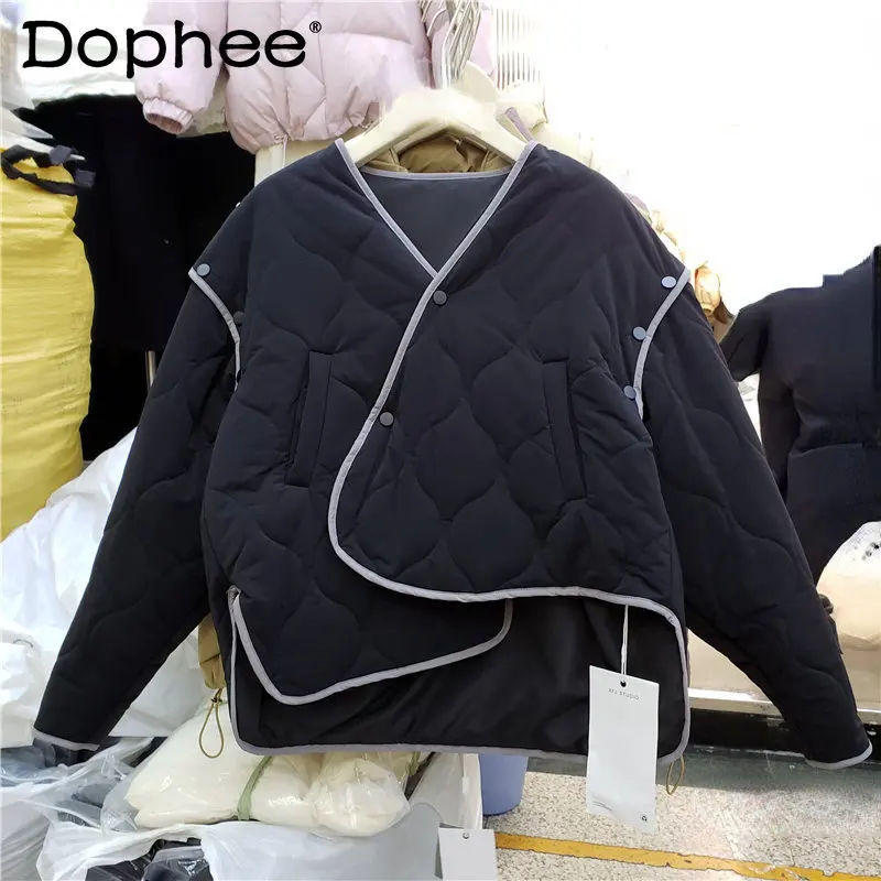 

Женская парка с V-образным вырезом, короткие модные Асимметричные однобортные хлопковые пальто с длинными рукавами и съемными рукавами в Ко...