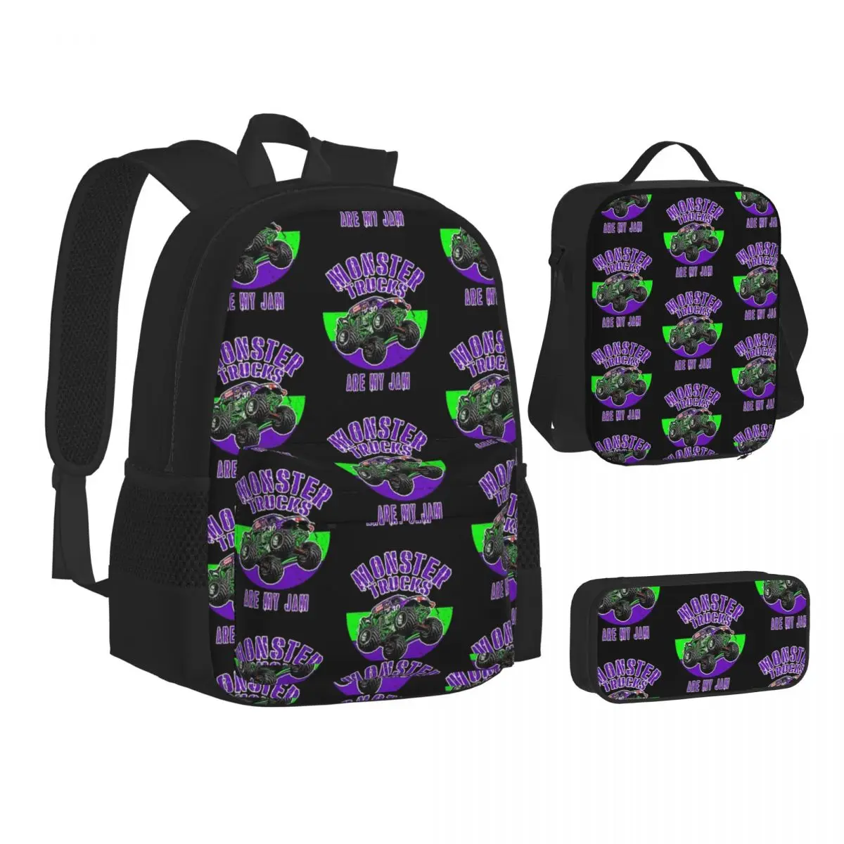 

Monster Truck Are My Jam Grave Digger Vintage Art Backpack Boy Girl Bookbag Student School Bag Lunch Bag Pen Bag Three-Piece Set