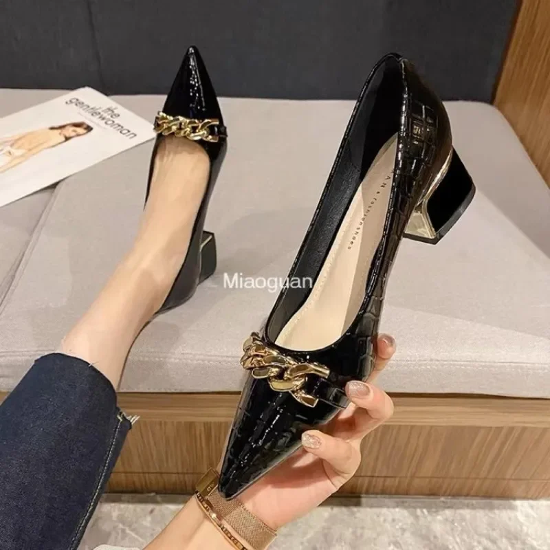 

Women's Summer Footwear Black Shoes for Woman 2024 with Medium Heeled Square Office Pointed Toe Fashion Pumps Spring Mary Jane