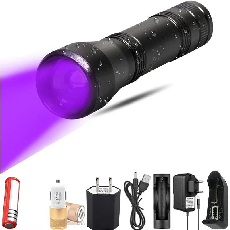 

LED UV Flashlight 18650 395nm Ultraviolet Torch T6 Purple Light Rechargeable Zoom Black Light Pet Urine Stains Detector