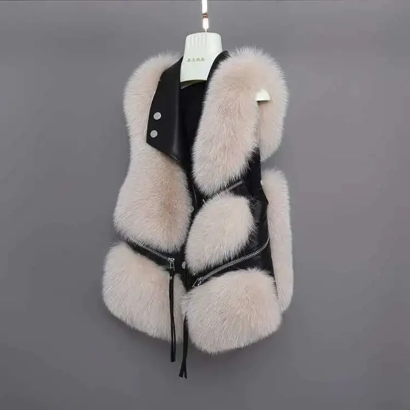 Autumn Winter Sleeveless Short Fox Fur coat Vest Women Vintage Spliced Warm Leather Fur Jacket Vest Female Waistcoat Streetwear