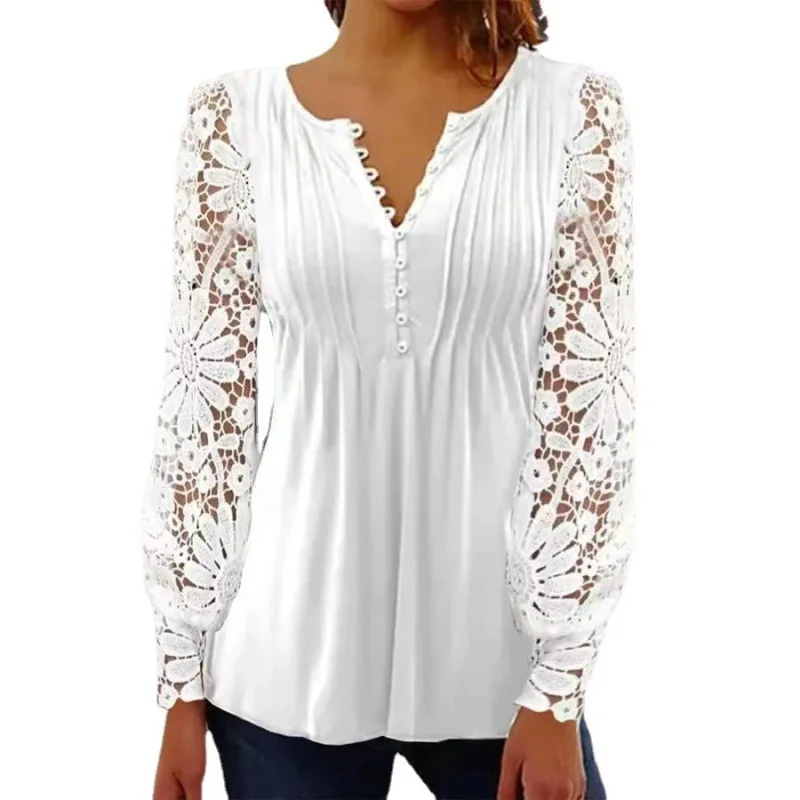 

Elegant Women's Tops 2023 Spring and Summer New Fashion Personality Lace Long-Sleeved Casual Shirt Tee Women's Street