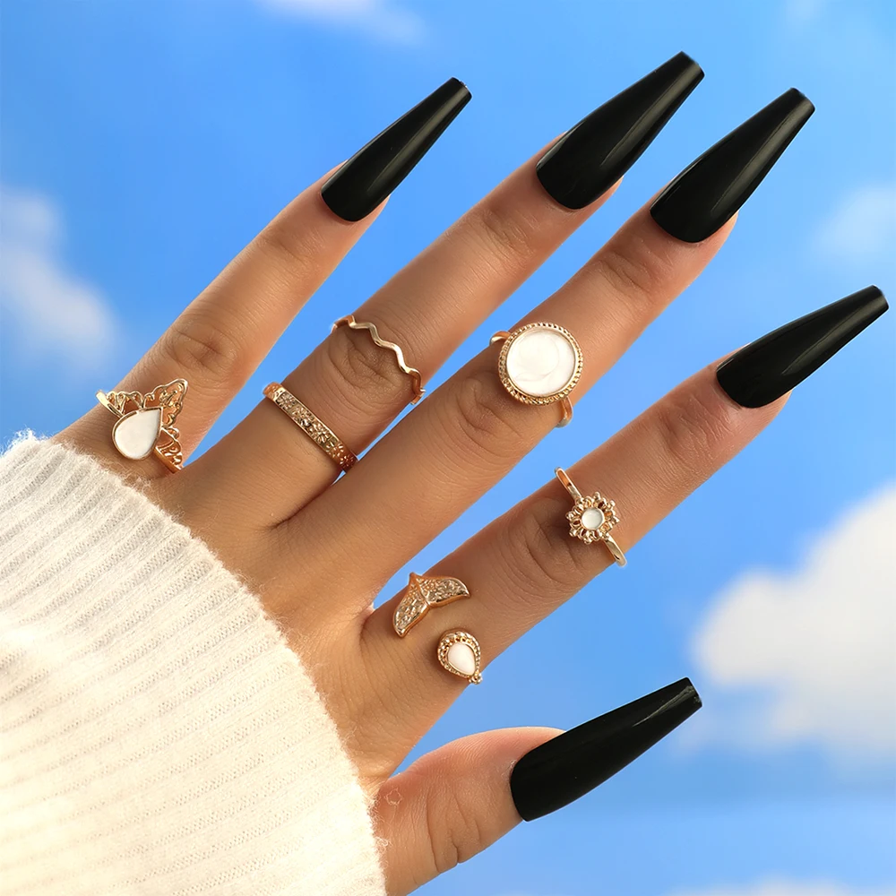 

Stillgirl 6Pcs Vintage Natural Shell Gold Color Rings for Women Boho Flower Geometric Wave Set Female Y2k Jewelry Anillos Mujer