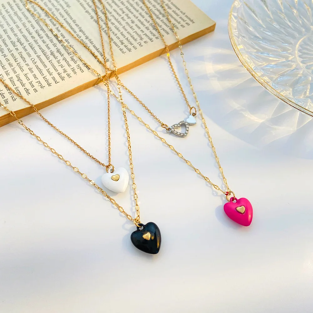 

Fashion Pink Black Drops Glaze Love Heart Pendant Necklace Young Girl Delicate Drops Glaze Love Heart Bracelet for Woman Jewelry