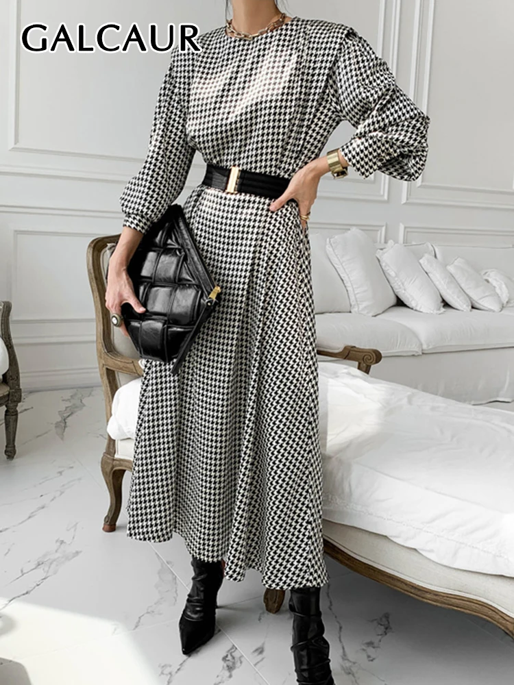 

GALCAUR Casual Slim Colorblock Temperament Dress Female Round Neck Long Sleeve Fashion Dresses For Women Autumn Style 2022 New