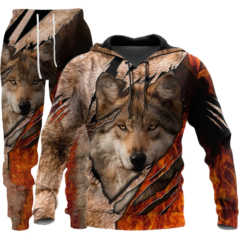 Male Casual Sweashirt Autumn and Winter Wolf 3D Printed Hoodie Pants Suit Pullover Brand Fashion Oversized Tracksuit Streetwear