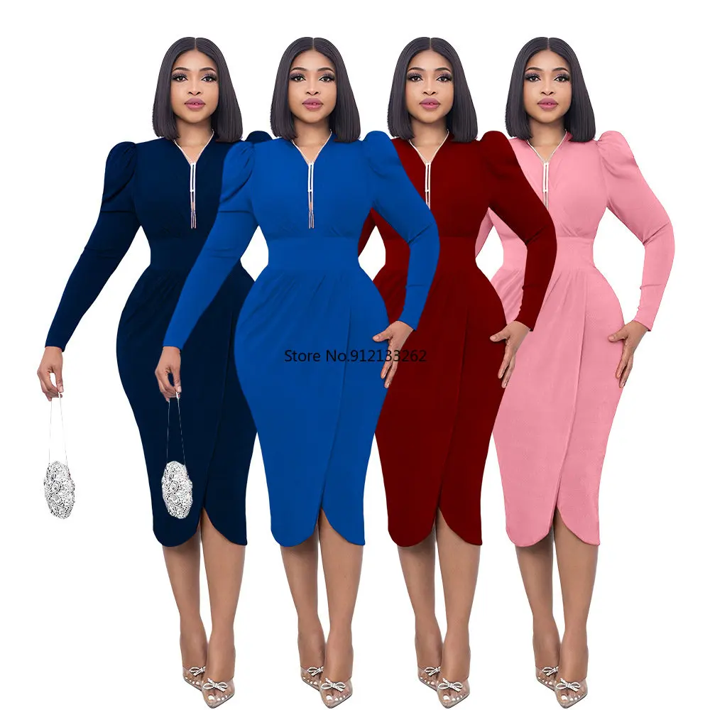

Long Sleeve Polyester African Dresses for Women Autumn Fashion African Women V-neck Solid Color Knee-length Dress S-2XL