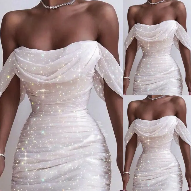 

Off Shoulder Pleated White bodycon Dress Women Strapless Backless Shinny Dress Elegant Sexy Party Dresses Clothes