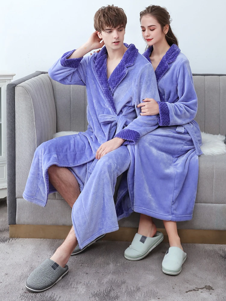 Coral velvet Nightgown men's and women's autumn and winter long sleeved lace up pajamas home clothes long thickened flannel