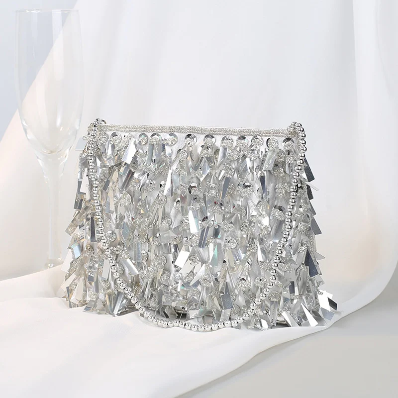 

2023 new Silver Sequin Tassel Women small 2023 Bags Handmade Beaded Ladies Party Evening Clutch Purse Fashion Handbags B473
