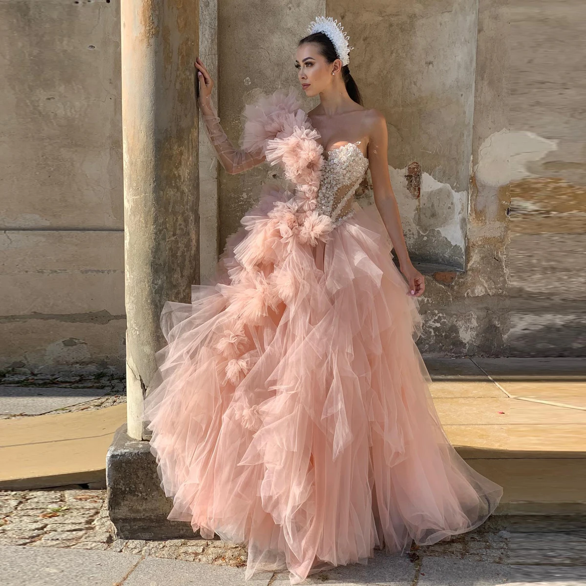 

Dreamlike Peach Pink Crystal Tulle Bridal Dresses 3D Flower Ruched Tulle Prom Gowns One Shoulder Long Formal Party Dresses