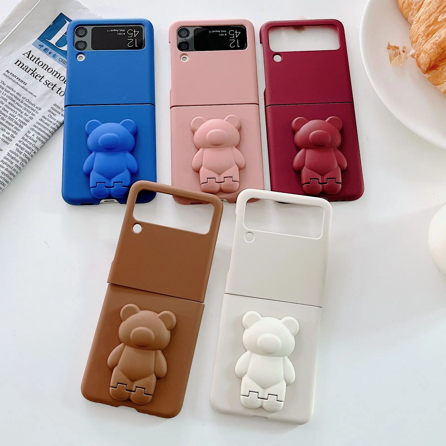 Z Flip 3 Case for Samsung Galaxy Z Flip 3 5G Cute Bear Stand ZFlip 3 Z Flip3 ZFlip3 Shockproof Back Cover Candy Color Slim Cases