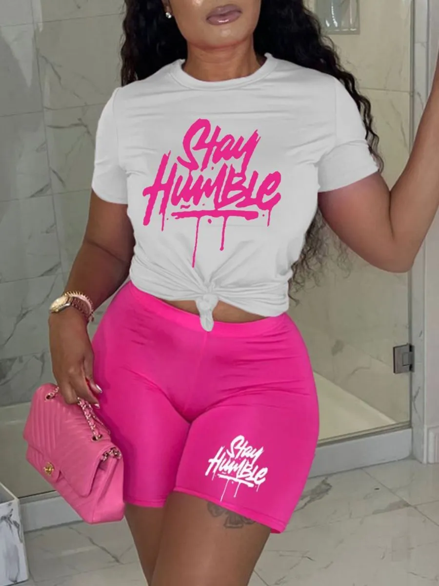

LW Stay Humble Letter Print Shorts Set Summer Casual Letter Print Shorts Two Piece Sets Tracksuits Female Matching 2pcs Outfits