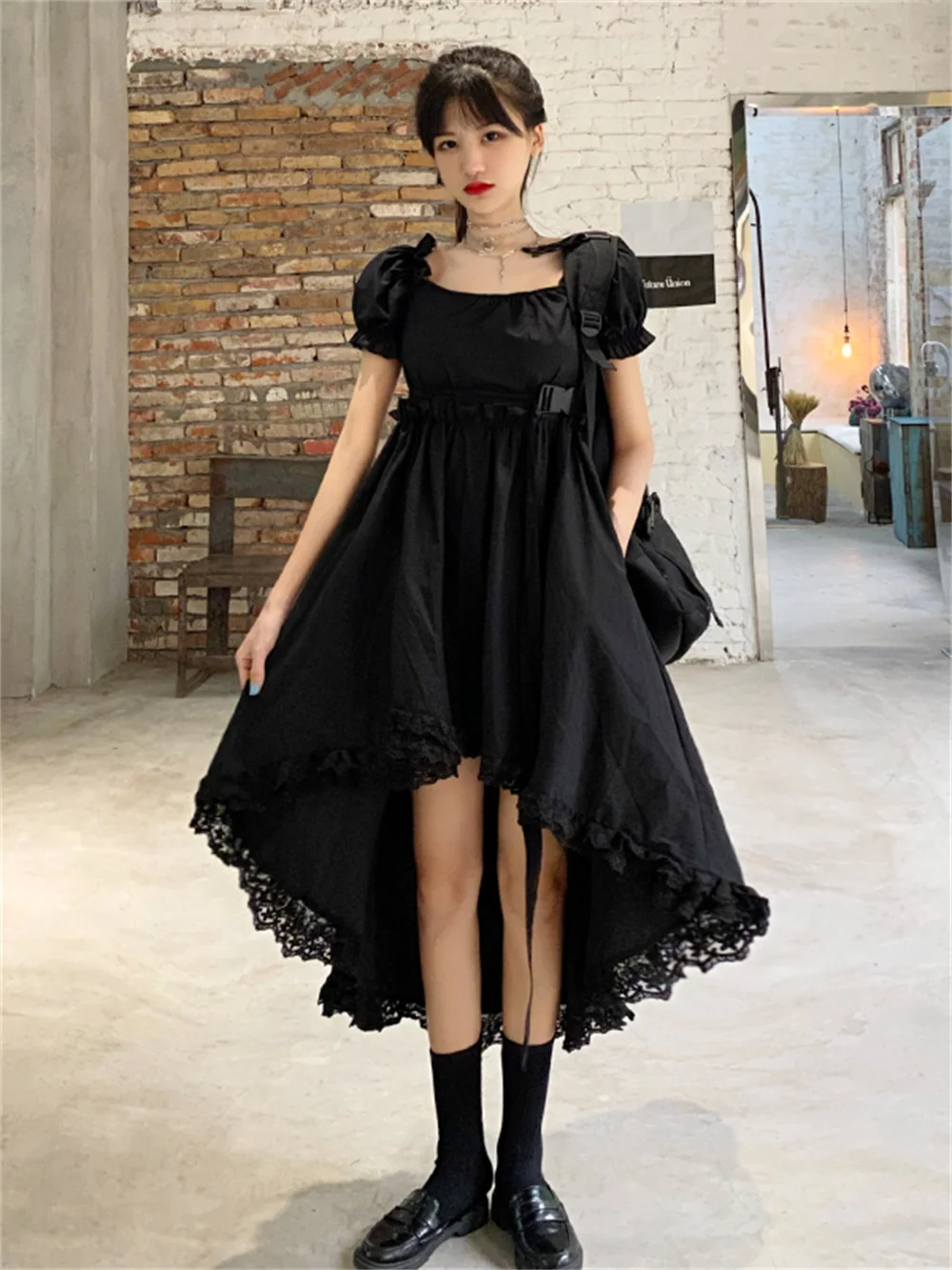 Женское платье в стиле преппи готическое черное эмо с кружевными оборками 90-х для