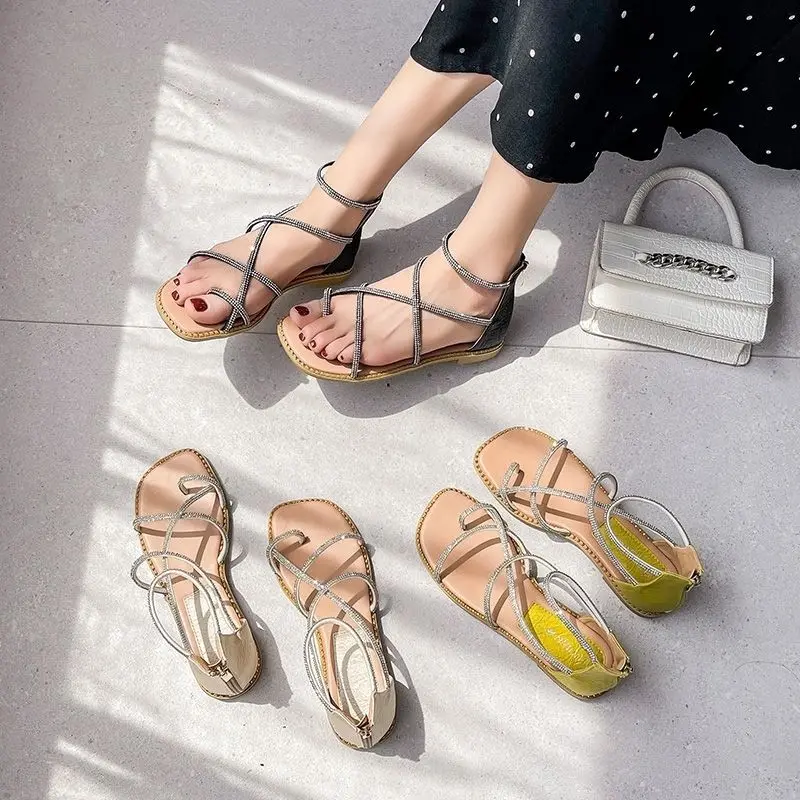2023 New Summer Sandals Women's Low Heels Comfortable Beach Shoes Cross Strap