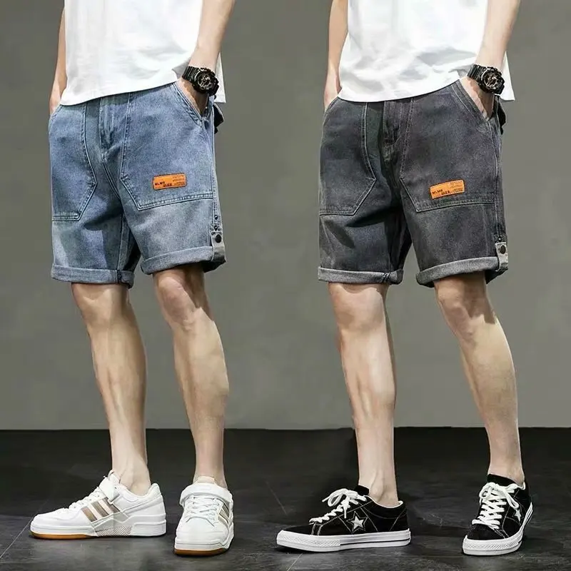 Streetwear Vintage Denim Shorts Men Knee Length Jeans Summer Fashion Pocket Stitching Jeans Men Mid Waist Denim Straight Shorts