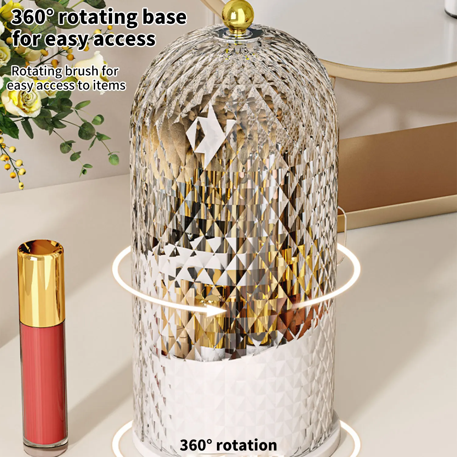 Держатель кистей для макияжа с крышкой Diamond Birdcage 360° ° Вращающийся органайзер