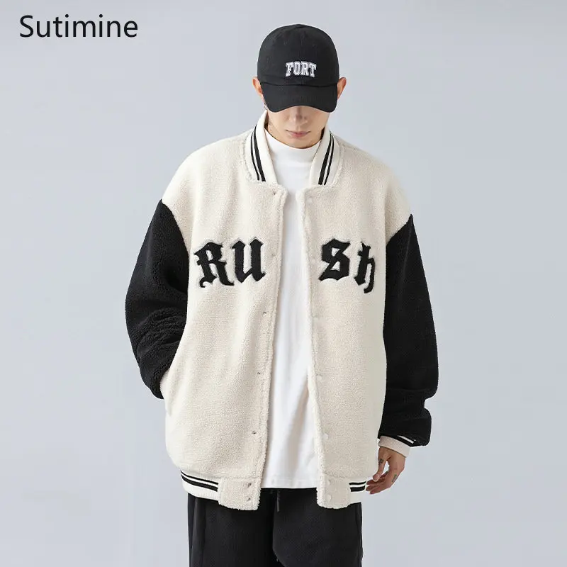Men Clothing Casual Stand Collar Lamb Down Baseball Jacket Cotton Padded Jacket Embroidered Male Pockets  Winter Coat