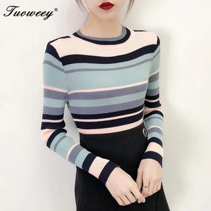 2021 осень зима полосатый Женский свитер модный Повседневный пуловер свитер высокая эластичность Тонкий длинный рукав тонкий женский джемпер