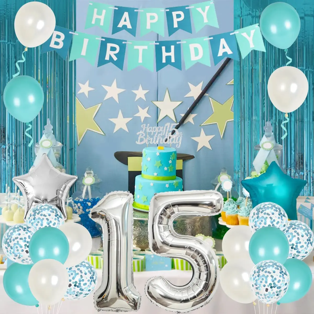 

Funmemoir Teal Blue 15th Birthday Decorations for Girls Turquoise Happy Birthday Banner Number 15 Foil Balloons Party Supplies