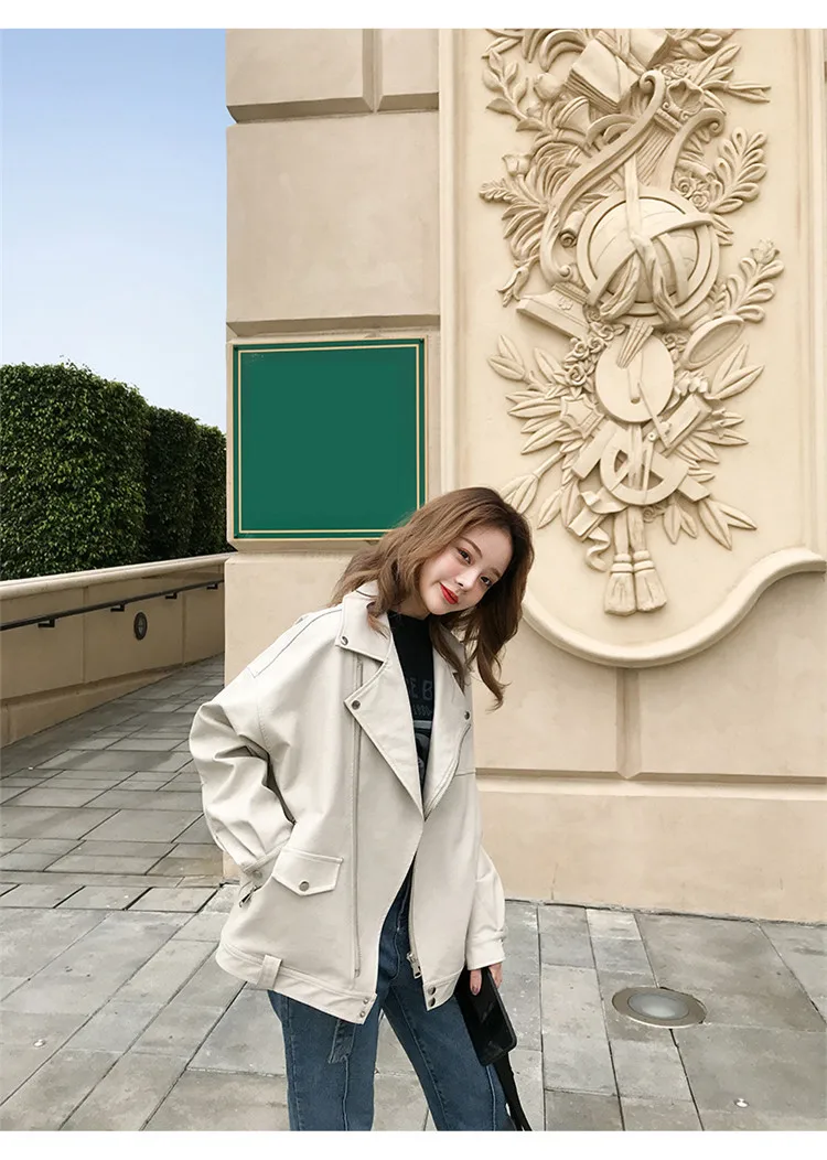 Women's Leather Winter Autumn Loose Women's Leather Jacket Short Coat Bee Green Loose  Pu Faux Leather Biker Zipper Moto Jackets