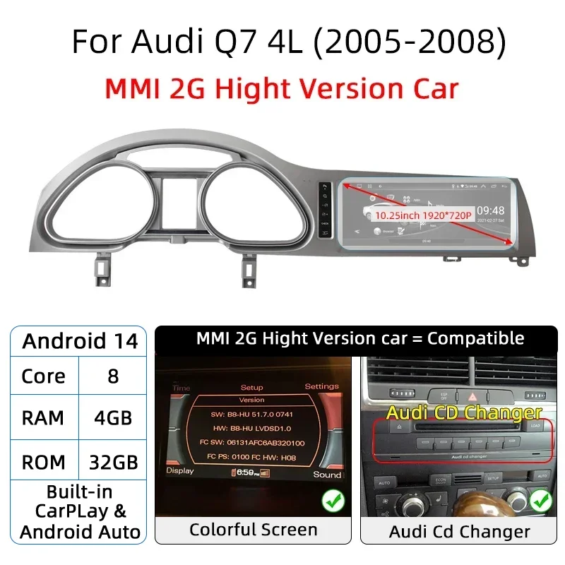 

Android 14 8+128GB CarPlay для Audi Q7 4L 2005-2015 MMI 2G 3G GPS мультимедийный проигрыватель для автомобиля, навигация, автомагнитола, стерео, DSP, Wi-Fi