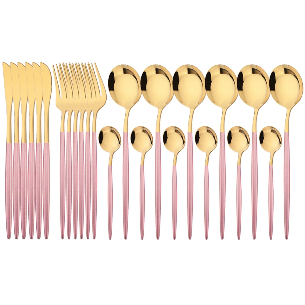 

Pink Gold Dinnerware Set 24Pcs Stainless Steel Cutlery Set Knives Forks Tea Spoons Kitchen Tableware Silverware Set Dinner Set