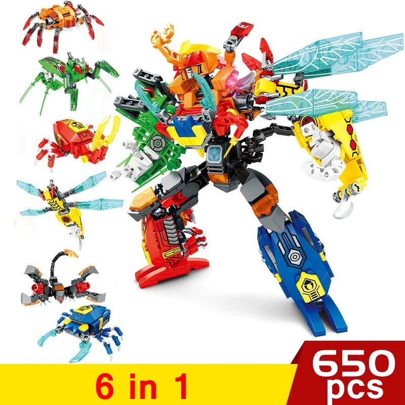 

6 In 1 City Deformation Insect Robot Mecha Block Set DIY Mini Spider Scorpion Wasp Mantis Building Bricks Toy For Kids