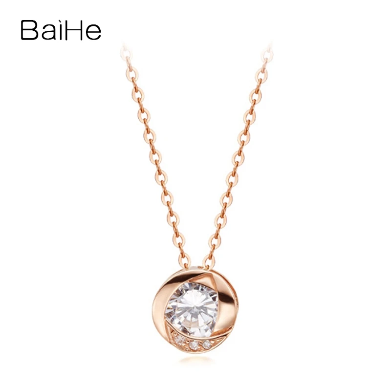 

BAIHE Solid 14K Rose Gold Moissanite Natural Diamonds Simple Round Pendant Necklace For Women Trendy Engagement Fine Jewelry