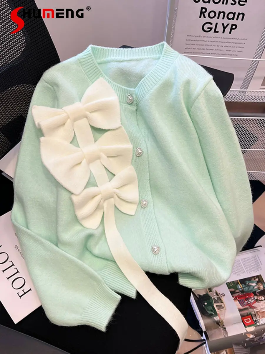 

Autumn and Winter New Design Sense Western Style Youthful-Looking Loose Bow Knitted Cardigan Sweater Women's Fashionable Coat