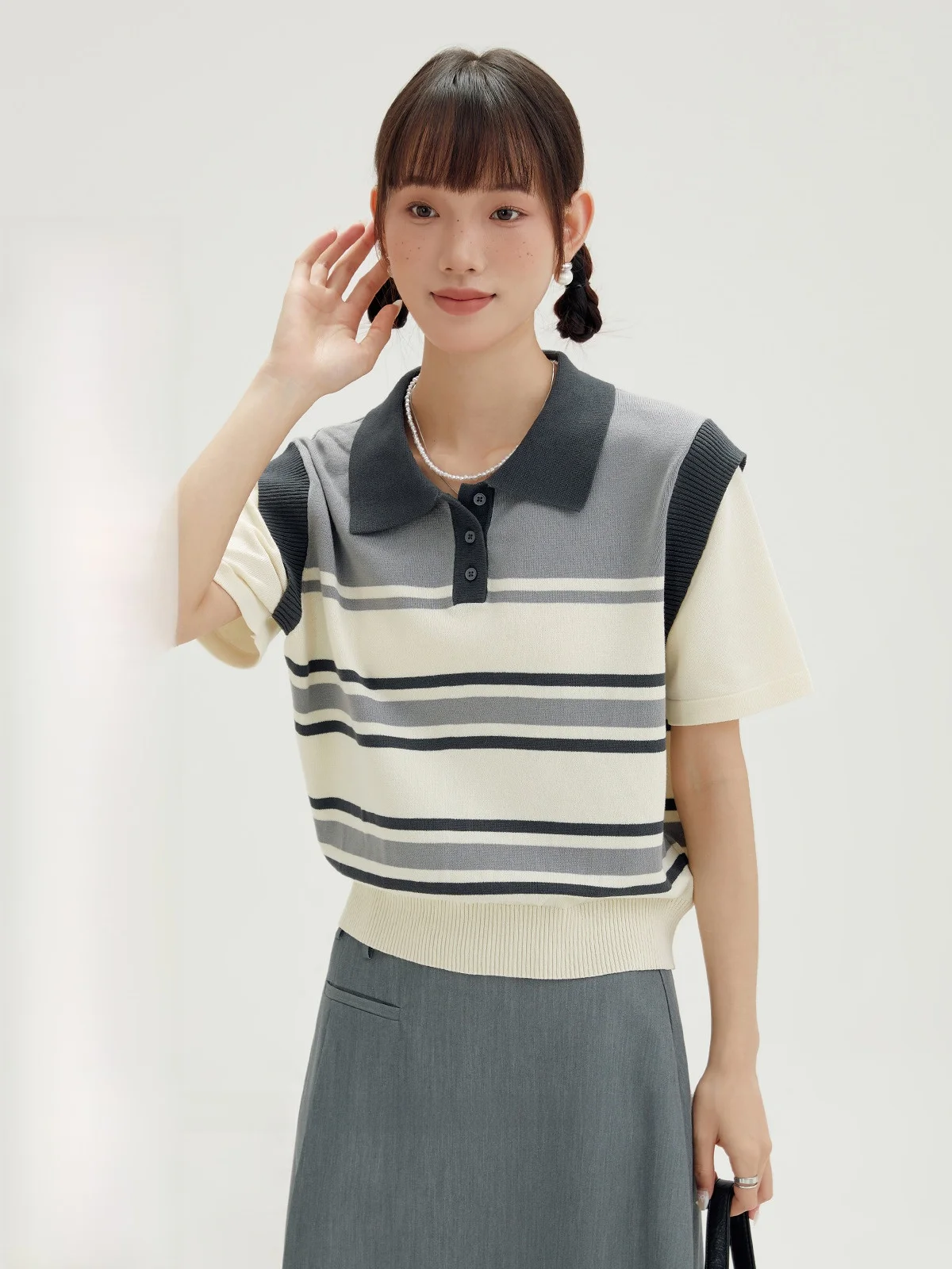 Серая вязаная рубашка-поло Xijing женская футболка с короткими рукавами новинка