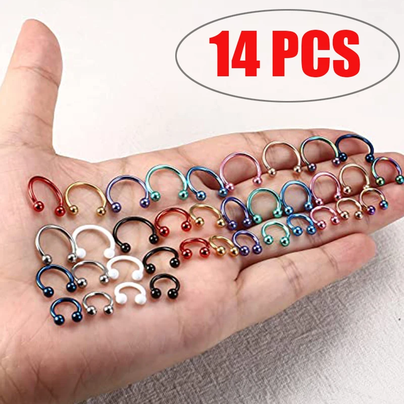 

14Pcs Cone Spike Horseshoe Circular Septum Nose Ring Surgical Steel Nipple Hoops Eyebrow Ear Piercing Body Jewelry Wholesale