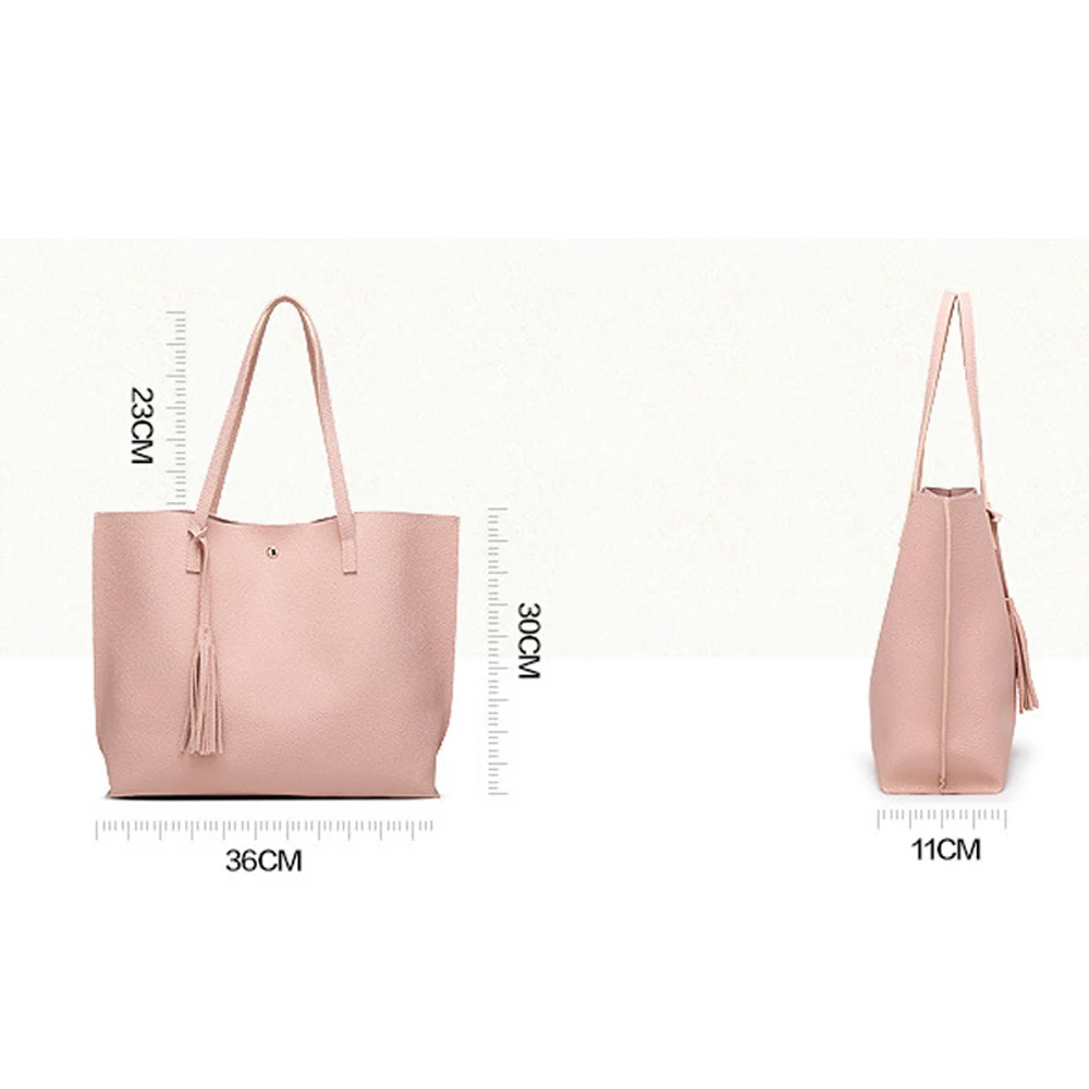 Solid Color PU Leather Tote Bags Women Luxury Designer Fashion Tassels Handbag Female Large Capacity Simple Shoulder Shopper Bag
