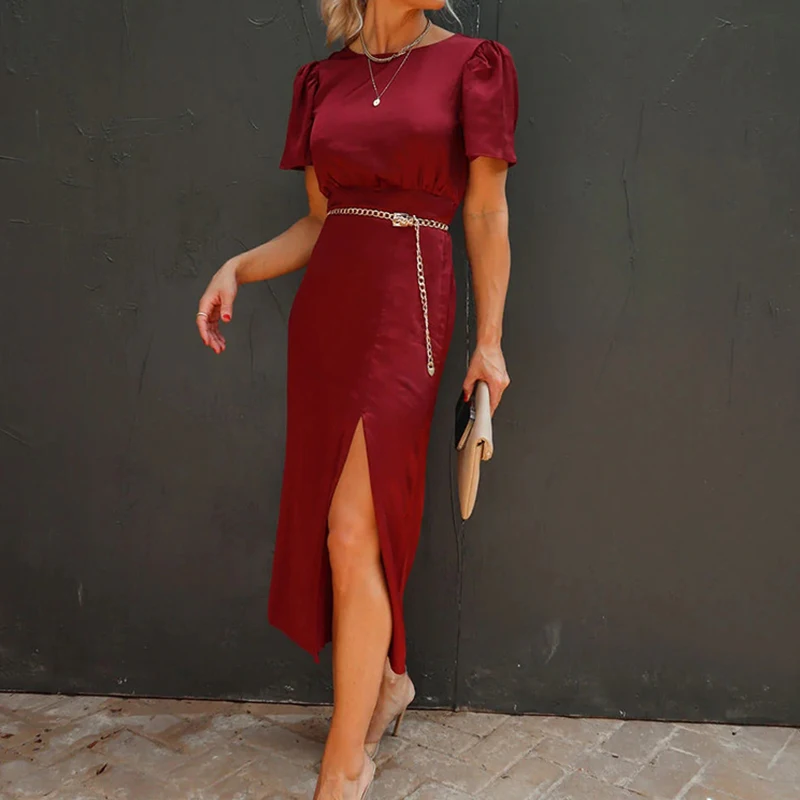 

Женское весеннее Элегантное Платье макси с коротким рукавом и круглым вырезом, женское вечернее платье 2023, модное однотонное длинное плать...