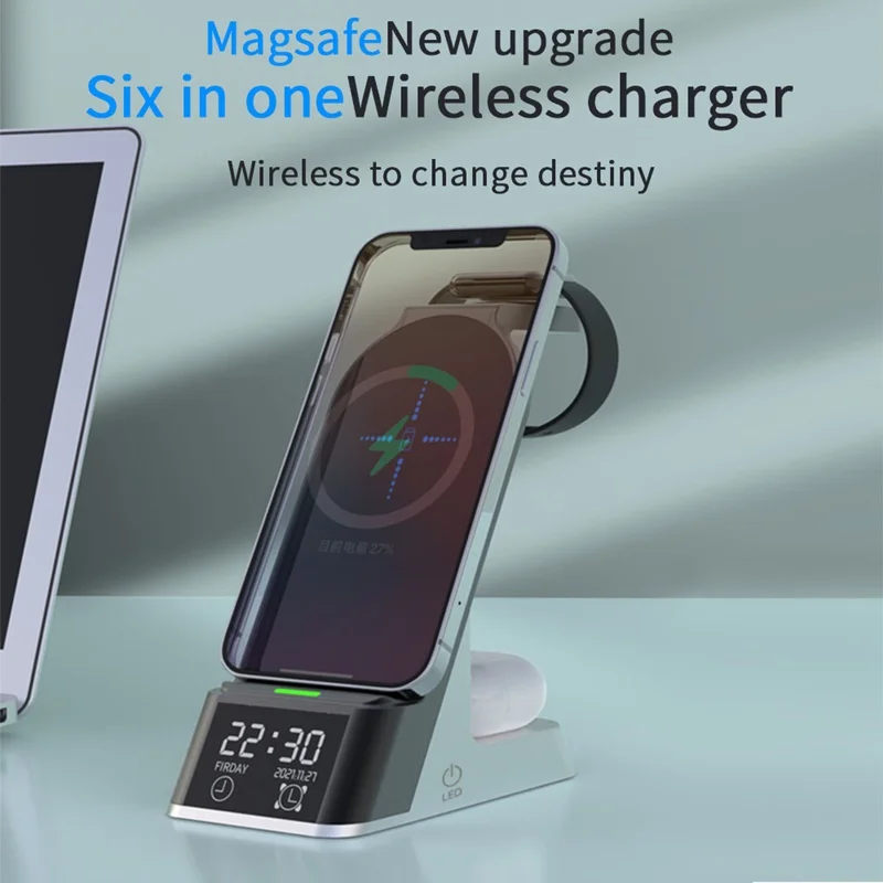 6in1 alarm clock wireless charger stand for airpods pro apple watch 15w fast charging station for iphone xr xs 11 12 13 pro max free global shipping
