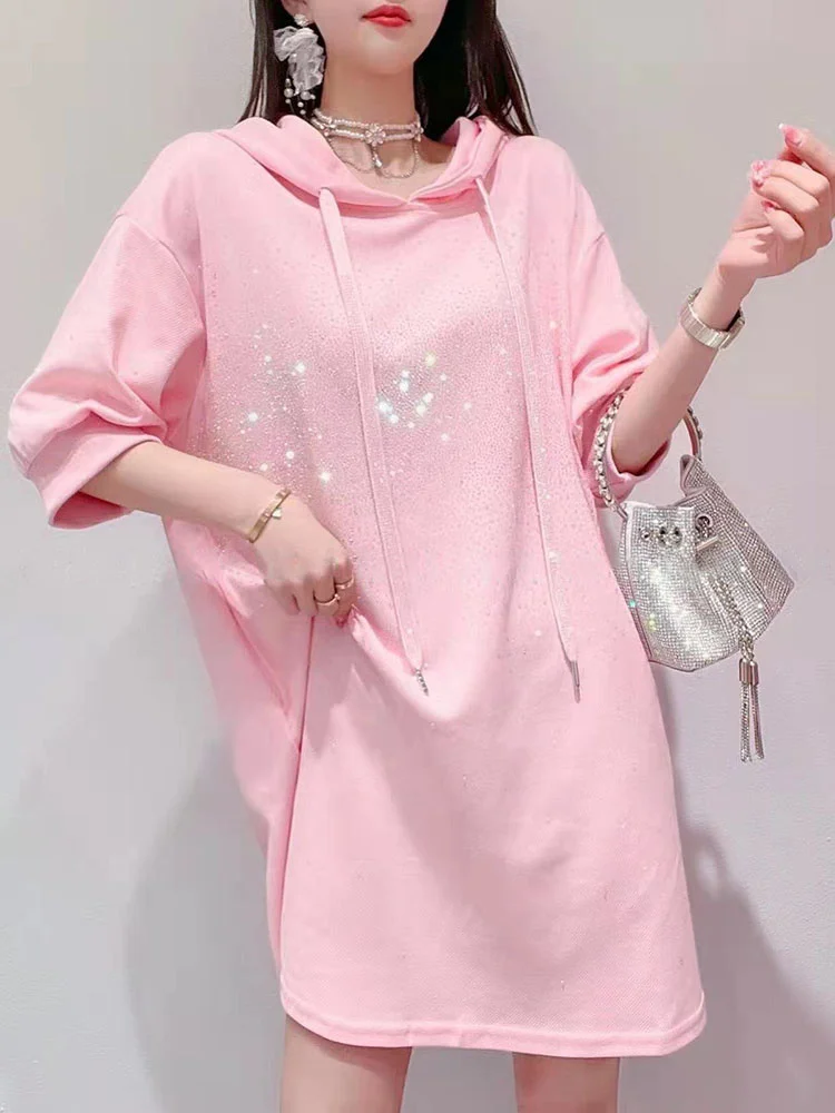 

French minority heavy industry hot drilling loose dress for women's new mid long hooded dress in summer 2022