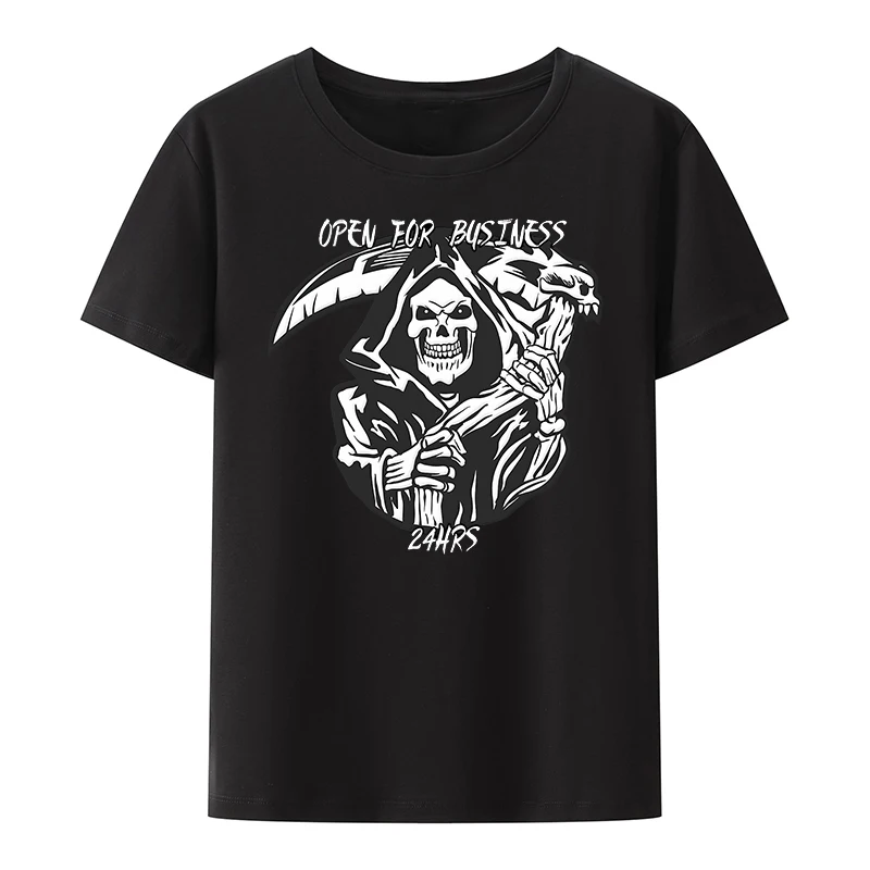 

Grim Reapers Cotton T-shirt Open for Business 24hrs Top Y2k Style Mens T-shirts Breathable Graphic Tshirts Cool Vintage Koszulki